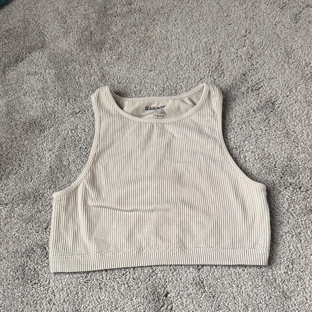 Garage Beige Ribbed Crop Tank Top Sleeveless Fitted Stretch Basic SIZE S